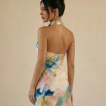 Multicolor Watercolor Print Cowl Neck Halter Bodycon Mini Dress