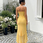 Butter Yellow Spaghetti Strap Ruffle Trim Ruched High Low Maxi Dress
