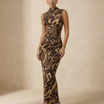Leopard Print High Neck Sleeveless Corset Waist Maxi Dress