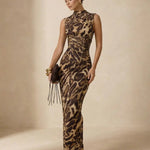 Leopard Print High Neck Sleeveless Corset Waist Maxi Dress