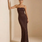 Brown Lace Spaghetti Strap Bodycon Back Slit Maxi Dress