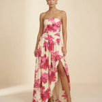 Pink Floral Strapless Ruched High Slit Maxi Dress