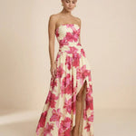 Pink Floral Strapless Ruched High Slit Maxi Dress