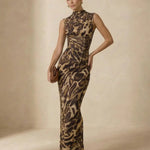 Leopard Print High Neck Sleeveless Corset Waist Maxi Dress