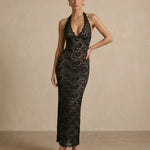 Black Halter Neck Lace Bodycon Maxi Dress