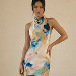 Multicolor Watercolor Print Cowl Neck Halter Bodycon Mini Dress