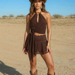 Brown Halter Neck Crop Top Lace Trim Ruffle Hem Mini Skirt Set