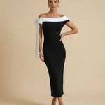Black Colorblock Off-Shoulder Bow Tie Bodycon Midi Dress