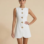 White Round Neck Sleeveless Gold Button Mini Dress