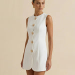 White Round Neck Sleeveless Gold Button Mini Dress