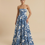 White Blue Floral Print Strapless Structured Bodice A-Line Maxi Dress