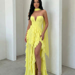 Lemon Yellow Halter Neck Strapless Corset Ruffle High Slit Chiffon Maxi Dress