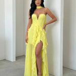 Lemon Yellow Halter Neck Strapless Corset Ruffle High Slit Chiffon Maxi Dress