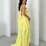 Lemon Yellow Halter Neck Strapless Corset Ruffle High Slit Chiffon Maxi Dress