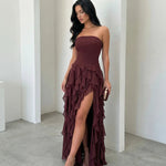 Burgundy Strapless Ruched Waist Cascading Ruffle High Slit Chiffon Maxi Dress