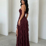 Burgundy Strapless Ruched Waist Cascading Ruffle High Slit Chiffon Maxi Dress