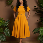 Yellow Puff Sleeve Round Neck Belted A-Line Midi Dress