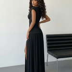 Black Ruched Waist Cap Sleeve High Split Maxi Dress