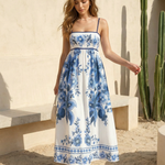 Blue Floral Print Spaghetti Strap A-Line Maxi Dress