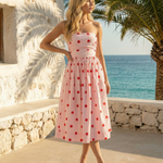 Pink Red Polka Dot Strapless Ruched Waist Flared A-Line Midi Dress