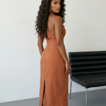 Halter Deep V-Neck Backless Split Midi Dress
