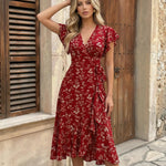 Red Floral V-Neck Wrap Flutter Sleeve Midi Dress