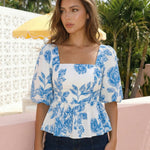 Floral Print Square Neck Puff Sleeve Peplum Blouse