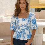 Floral Print Square Neck Puff Sleeve Peplum Blouse