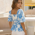 Floral Print Square Neck Puff Sleeve Peplum Blouse