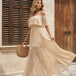 Apricot Swiss Dot Off Shoulder High Slit Maxi Dress