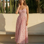 Pink Floral Print Smocked Bodice Spaghetti Strap Maxi Dress