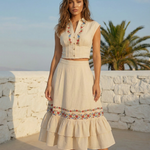 Beige Linen Blend Floral Embroidery High Waist Tiered Ruffle Midi Skirt