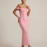 Floral Print Off-Shoulder Ruched Mesh Mermaid Maxi Dress