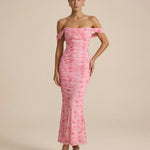 Floral Print Off-Shoulder Ruched Mesh Mermaid Maxi Dress