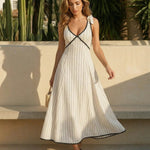 White Striped Scallop Trim Tie Strap Maxi Dress