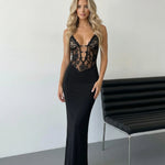 Sexy Black Lace Plunge V-Neck Backless Maxi Dress