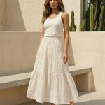Cream White Tiered Lace Trim Maxi Skirt