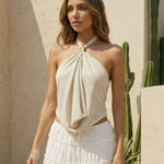 Beige Halter Neck Ring Detail Sleeveless Cami Top