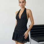 Black Polka Dot Halter Neck Ruffle Hem Mini Dress