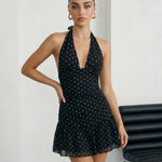 Black Polka Dot Halter Neck Ruffle Hem Mini Dress