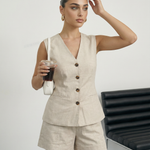 Beige Linen Blend Waistcoat Tailored Shorts Set