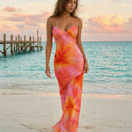 Pink Orange Hibiscus Print Sweetheart Neck Maxi Dress