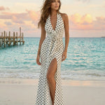 White Polka Dot Halter Neck Slit Maxi Dress