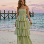 Sage Green Tiered Crinkled Fabric Slim Fit Maxi Dress