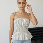 Striped Tie Shoulder Smocked Waist Peplum Cami Top