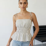 Striped Tie Shoulder Smocked Waist Peplum Cami Top