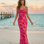 Red Floral Print Cowl Neck Spaghetti Strap Bodycon Maxi Dress
