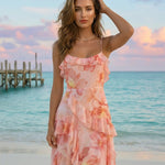 Pink Watercolor Floral Print Tiered Ruffle Chiffon Maxi Dress