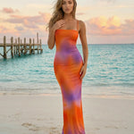 Orange Purple Sunset Ombre Print Strapless Maxi Dress