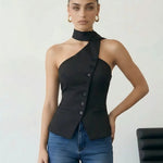 Black Asymmetrical One Shoulder Neck Tie Blouse